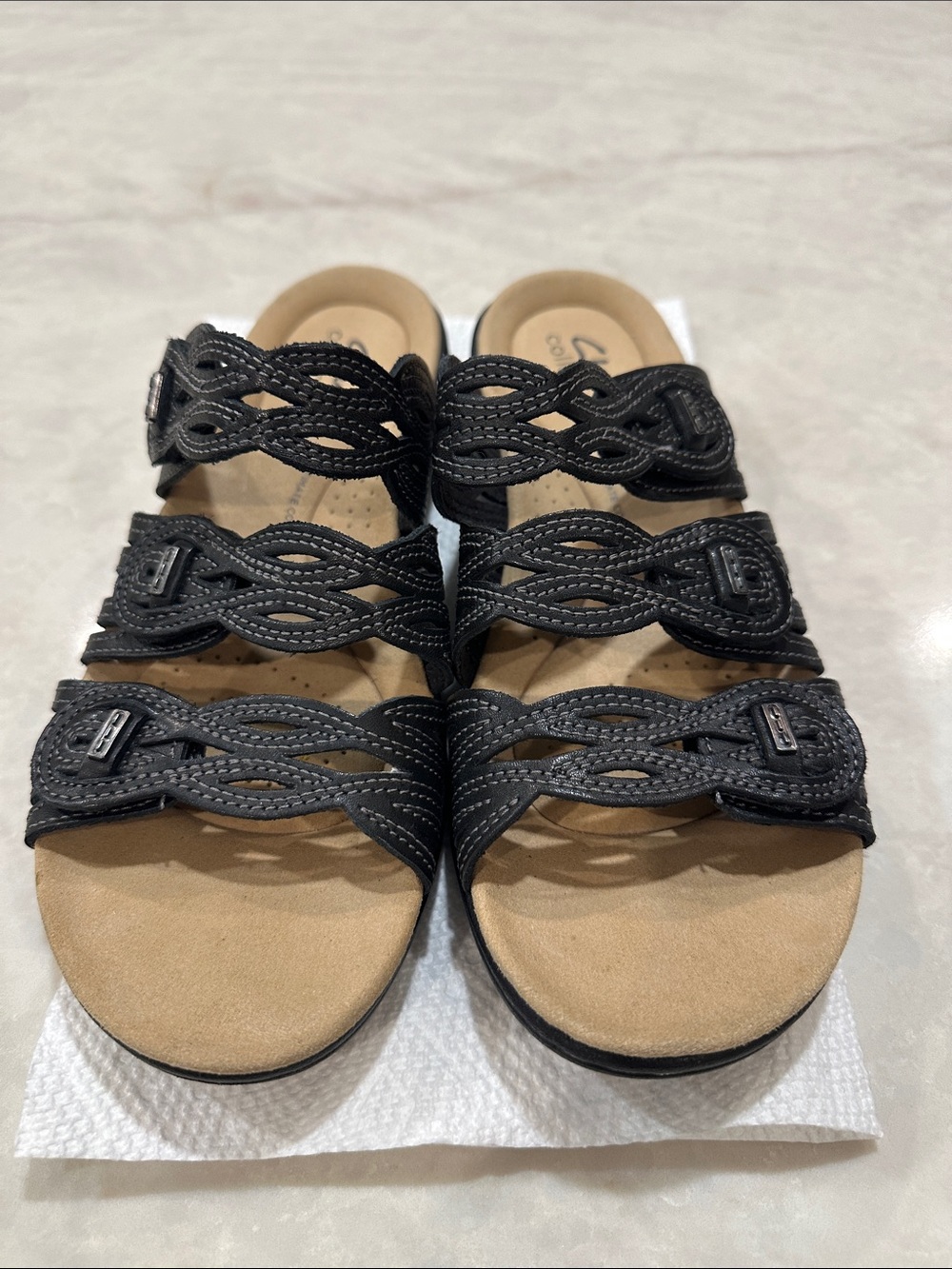 Clarks Black Braided Triple-Strap Comfort Sandals